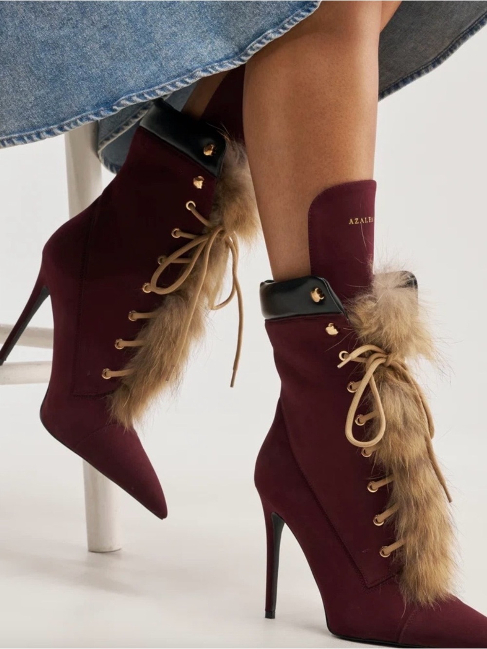 Burgundy Fur-Trim Lace-Up Stiletto Ankle Boots